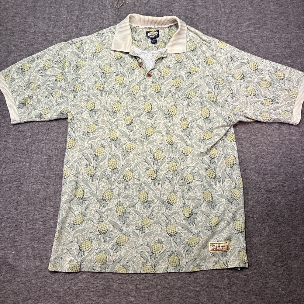 Tommy Bahama Mens Large Light Green‎ Beige Polo Vintage Tropical Pineapple